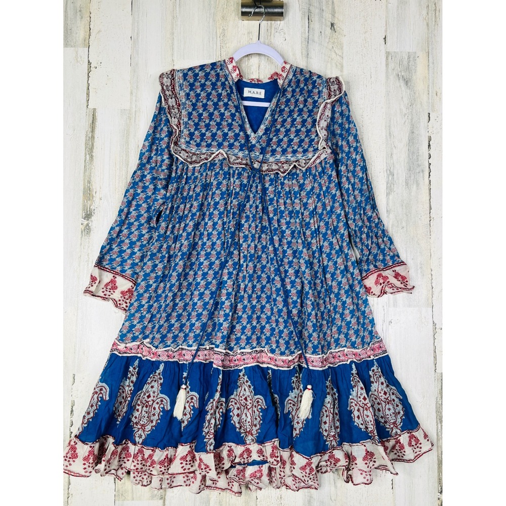 MABLE Mini Dress Blue Red Floral Cotton Boho Tiered Ruffle Tassel Bib